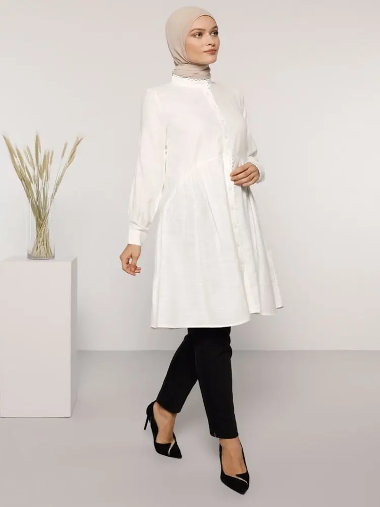 

Refk Women Natural Fabric White Collar Tunic Shirt Gupta Detail Long Sleeve Top Women's Casual Summer 2021 Fall Fashion Muslim T