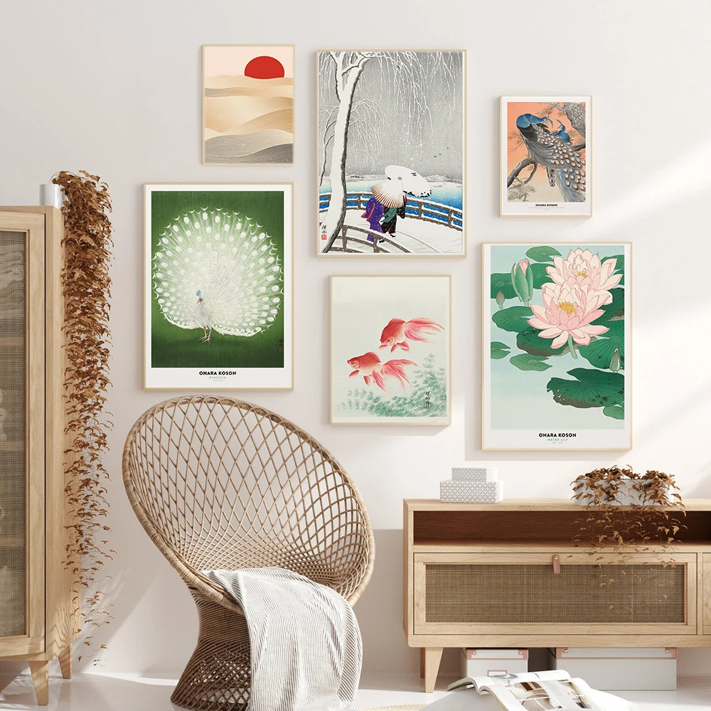 

Vintage Poster Japan Landscape Canvas Painting Animals Peacock Art Print Goldfish Flower Wall Picture For Living Room Home Decor
