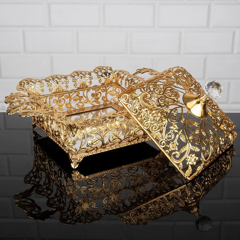 

Sugar Bowl Serving Tray Luxury Service Plate Golden Silver Rectangular With Cap Home Decor Turkish Arabic Oriental Eastern