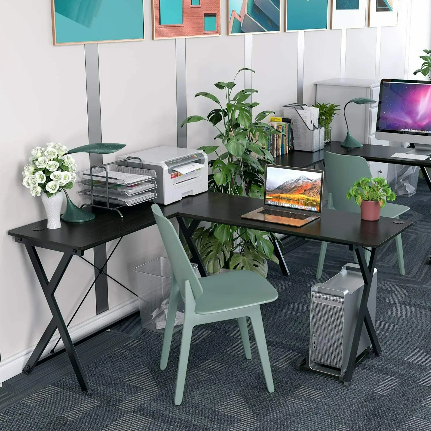 

HOMFA L-Shaped MDF Computer Desk w/ Storage Shelves PC Workstation Desk Home/Office