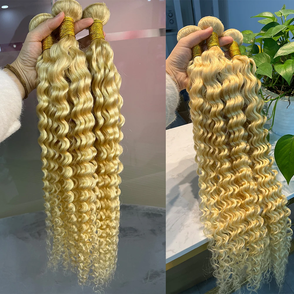 Malaika-extensiones de pelo brasileño Remy, cabello humano rizado con ondas profundas de 28 y 30 pulgadas, color rubio 613 puro, 1, 3 y 4 mechones