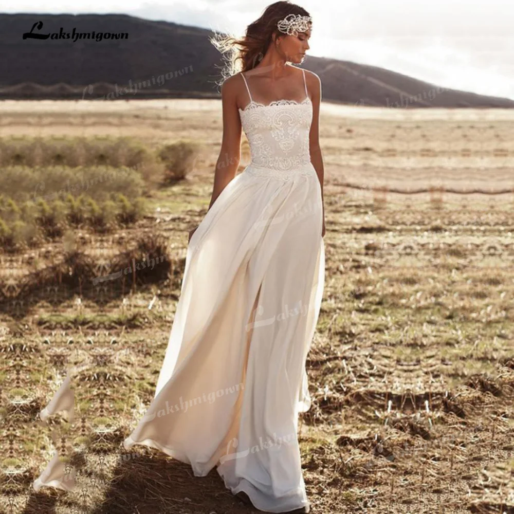 

Boho Charming Chiffon A-Line Wedding Dresses Square Collar Neck Sleeveless Sweep Train Bride Gowns Spaghetti Straps Appliques