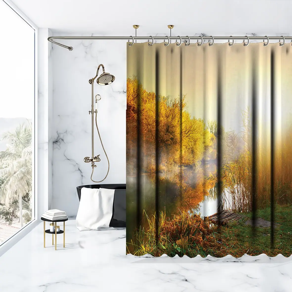 Занавеска для душа Туман над рекой деревья в лесу Осенняя природа Восход