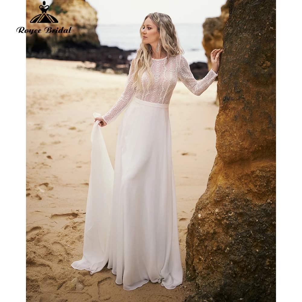

Elegant A-LINE Wedding Dresses 2022 Bridal Gowns Full Cap Sleeve Brush Train Button O-Neck Chiffon Appliques Lace vestido noiva