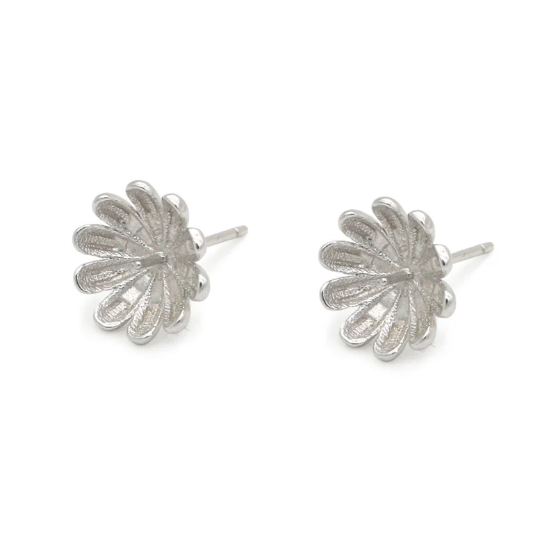 

2pcs 925 Sterling Silver Flower Blank Stud Earrings Setting With Zirconia Platinum Plated 11mm For Half Drilled Beads