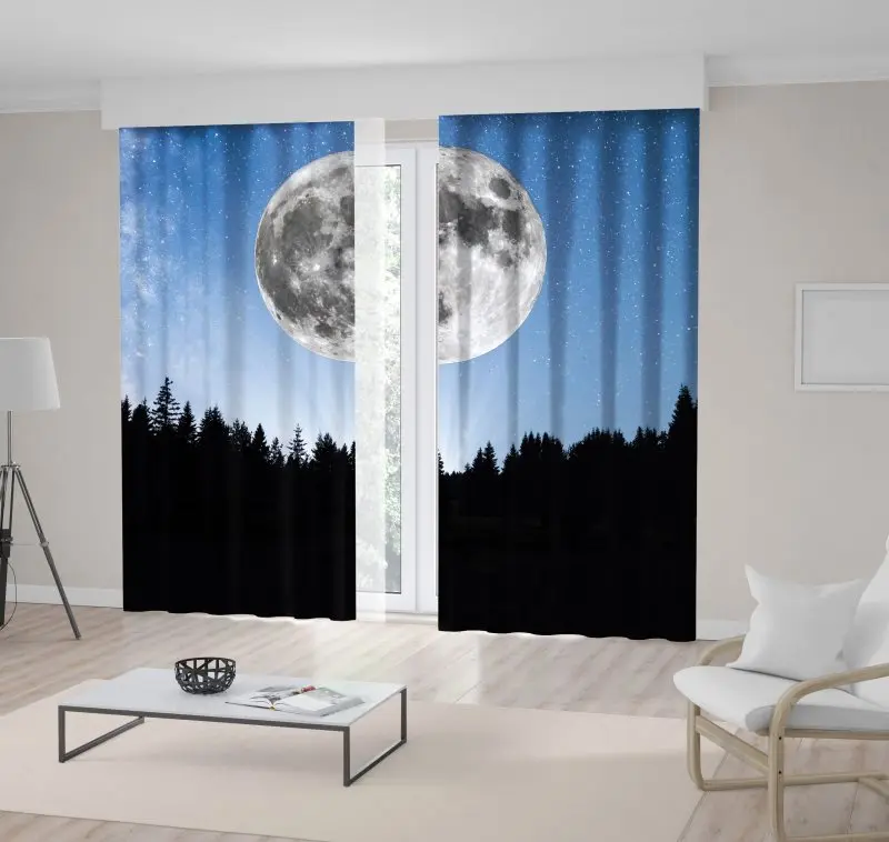 Занавеска Супер Луна звезды Млечный Путь ночной вид с сосновым деревом лес горы