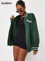 instahot green letter print women college jacket patchwork spring harajuku casual outerwear daily loose zipper baseball jacket