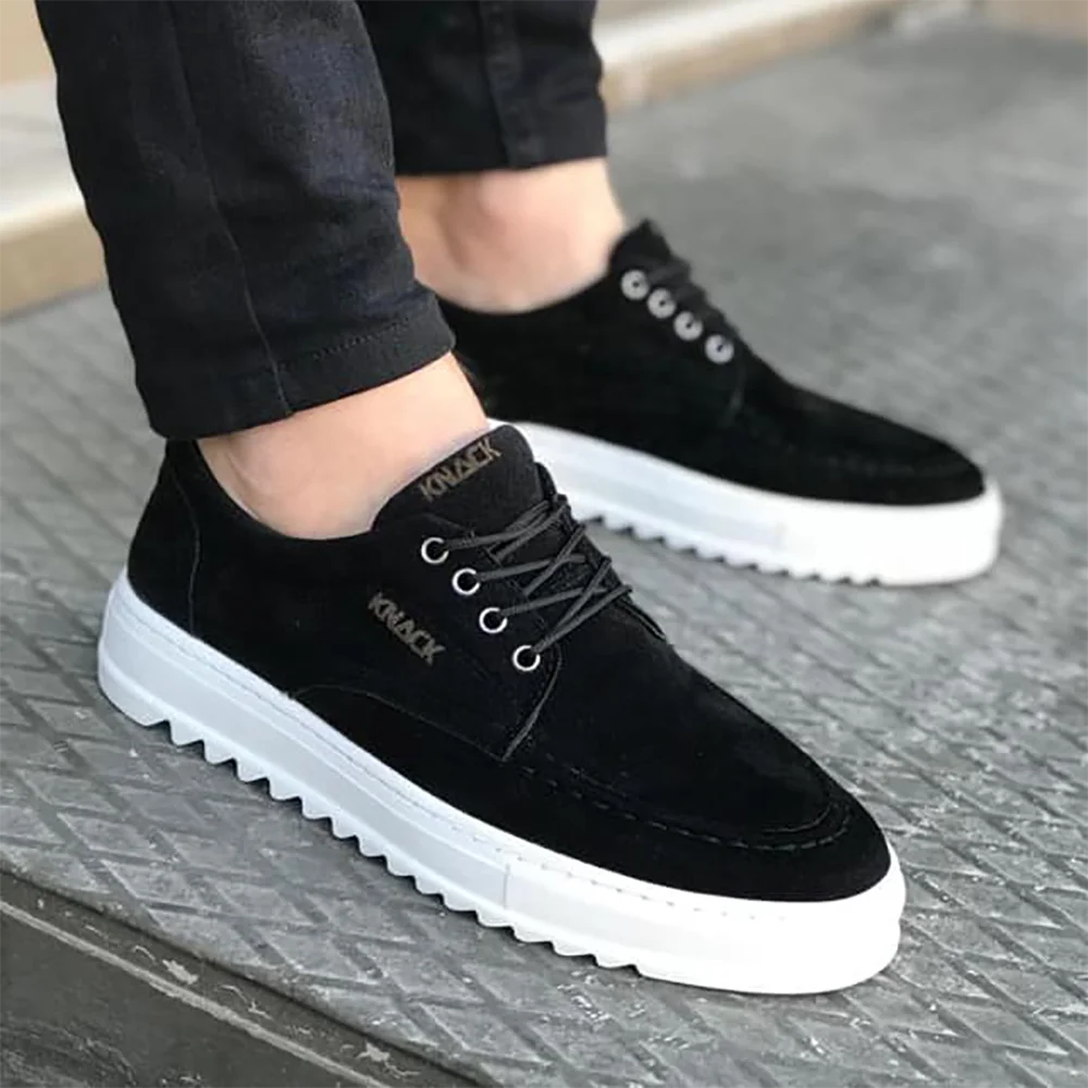 

Knack Men's Suede Shoes Black Color Faux Leather Lace-Up Casual White Stitched Sole Perfect Matte Color Spring and Summer Seasons Use Daily Male Sneakers Air Original Business Marriage Office Walking Suit Fashion T12