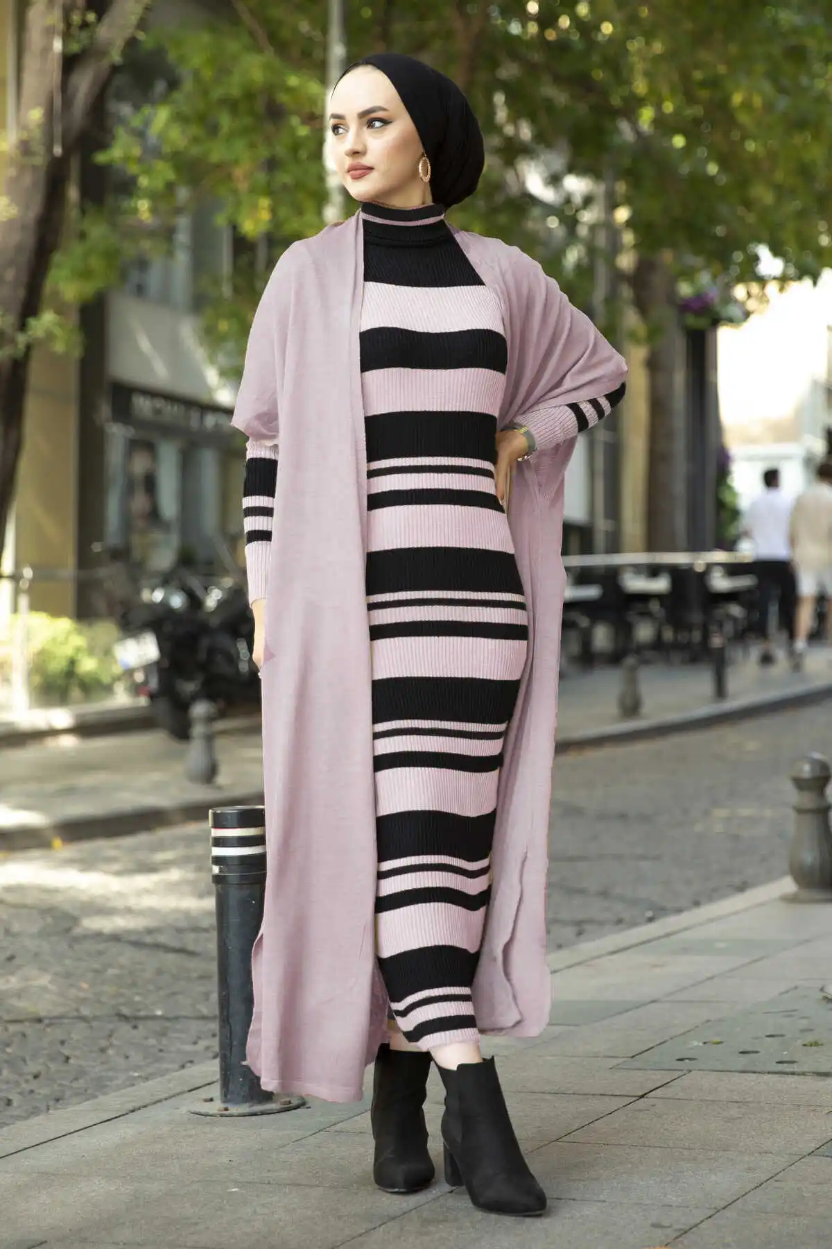 

Women's dress vest twinset striped turtleneck long sweater suit Muslim fashion Islamic clothing women's clothing sweater dress vest