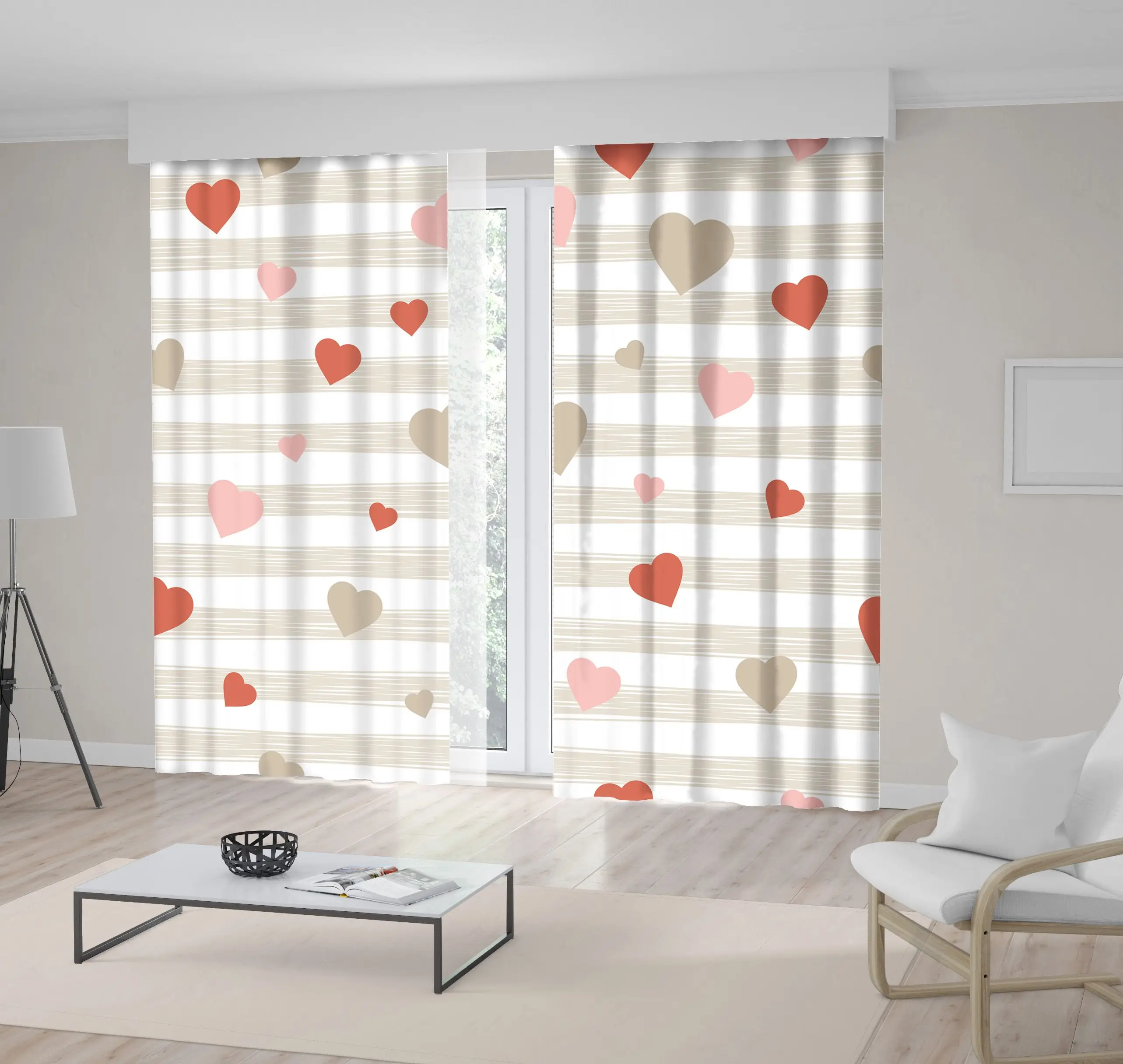 

Curtain Flying Hearts on Striped Background Valentines Day Love Theme Artwork Brown Beige Pink