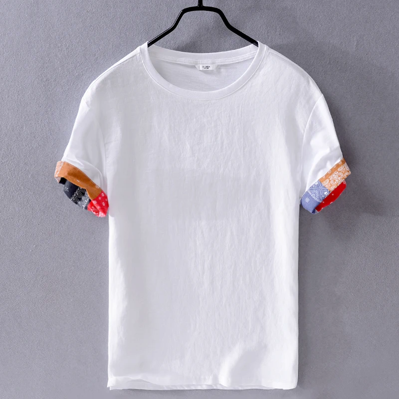 

men's casual linen short-sleeved t shirt white loose trend men t-shirt brand round neck t shirts for men tops chemise