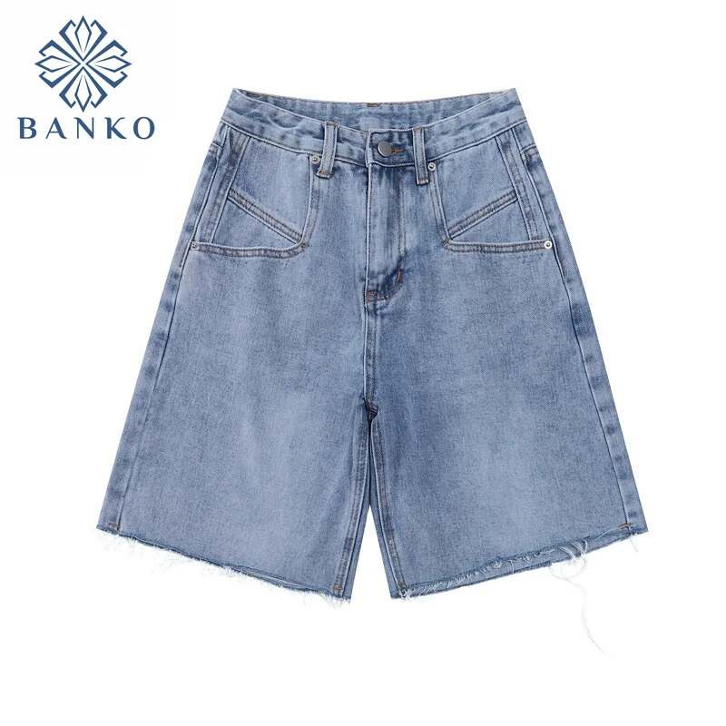

Summer Women Denim Shorts Thin High Waist 5 Point Pant 2021 New Style Casual Loose Straight Female Rough Edge Design Jean Short