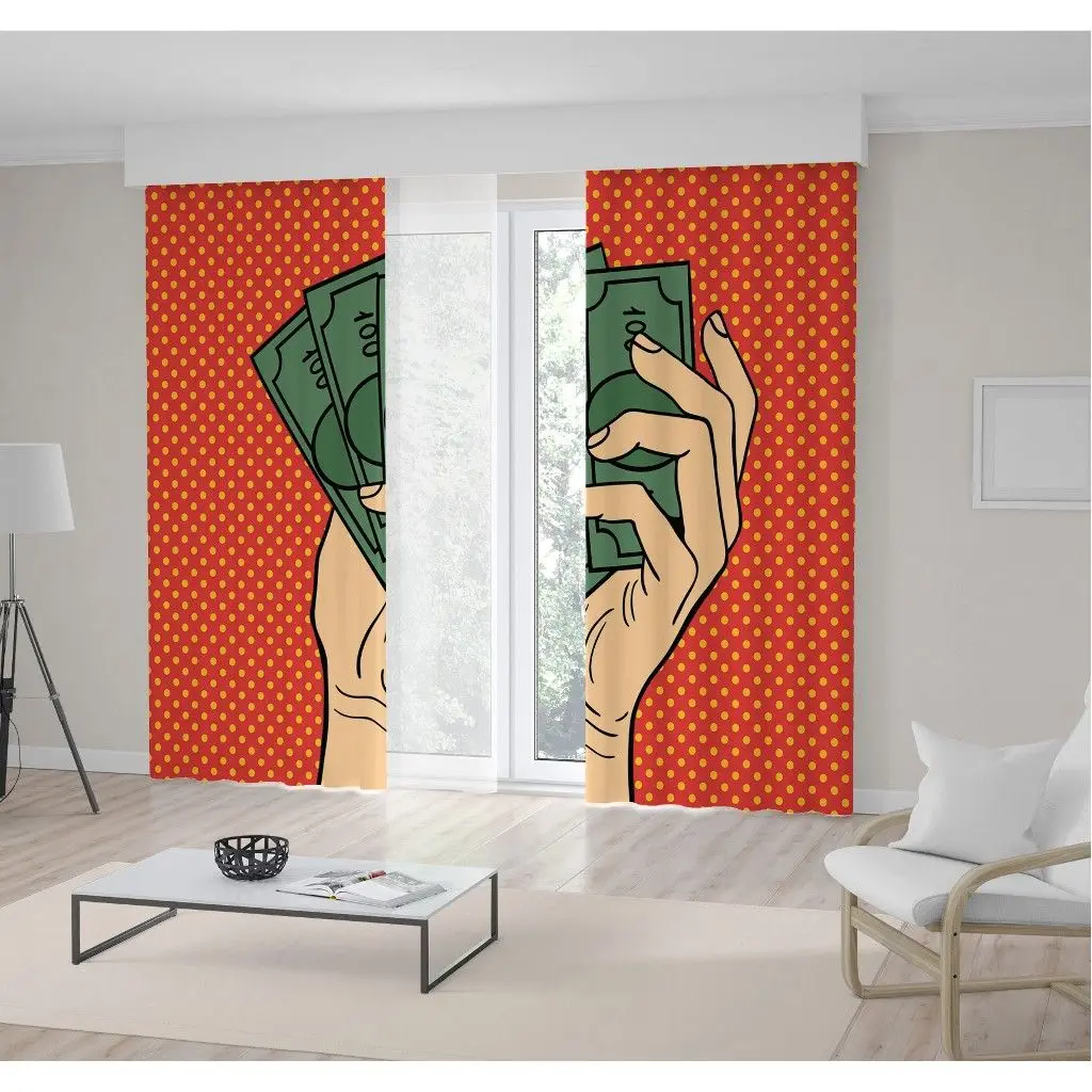 

Curtain Pop Art with Hand Holding Money in Illustration Green Red Yellow Colors Polka Dots Stylish Decor