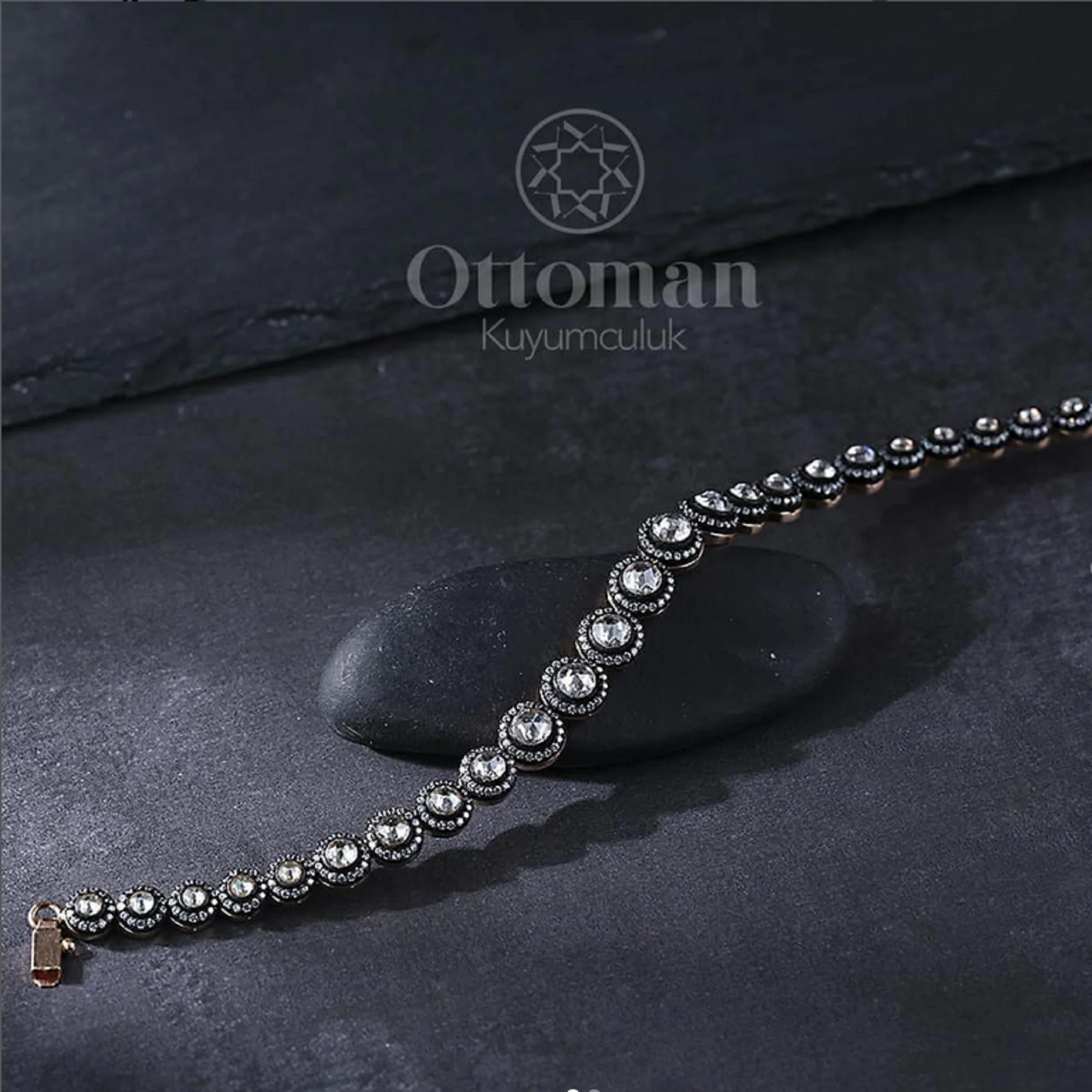 Turkish Handicraft Waterway Diamond Women's Bracelet Produced from 925 Pure Silver Rose and Black Rodjum Plated on Silver