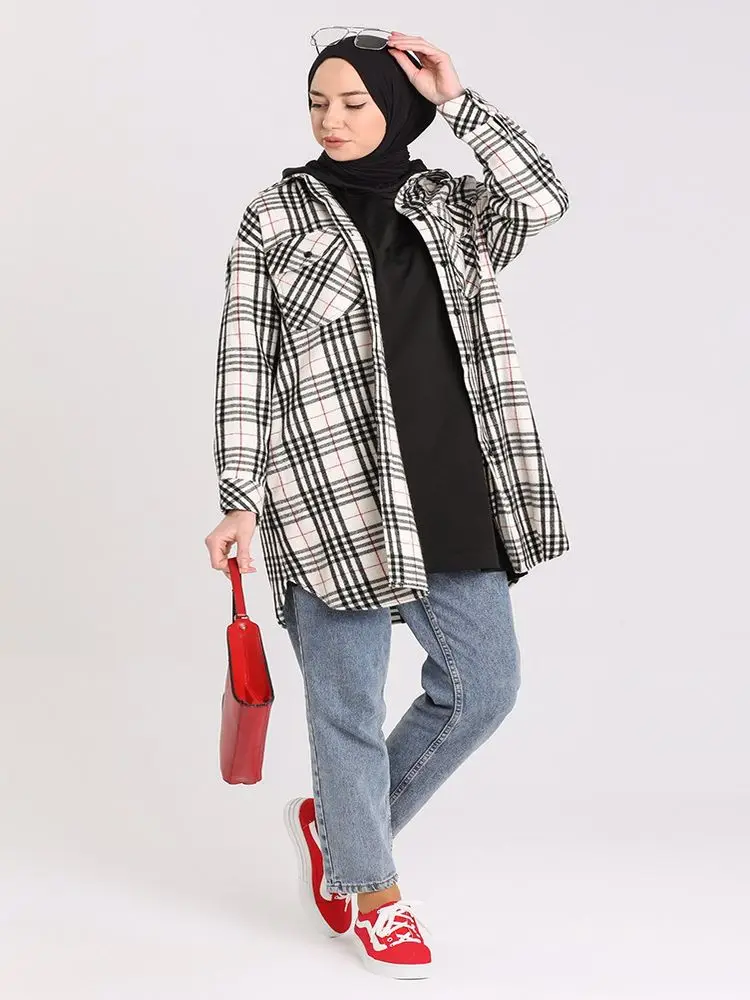 

Woodcutter Shirt Pointed Collar Button Long Sleeve Plaid Pattern Women's Tops Modest Clothing Hijab Muslim Turkey Autumn Winter