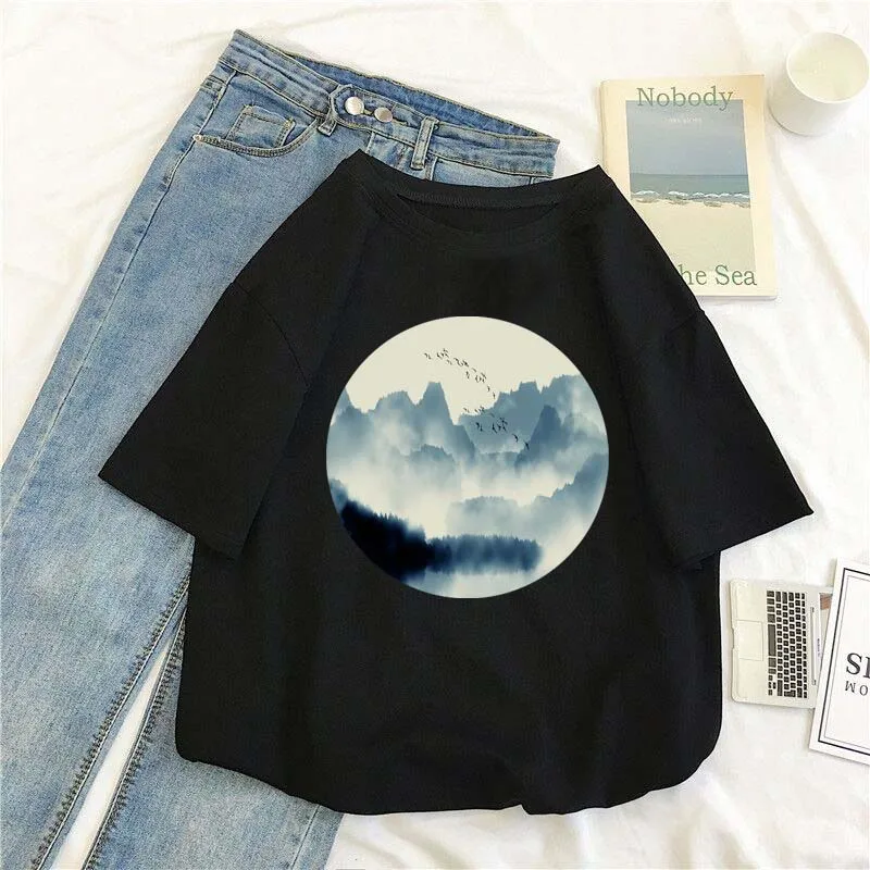 

Китайский Стиль живописи тушью для печати, футболка унисекс из чистого хлопка с круглой горловиной 14-Цвет летняя модная уличная одежда с ко...