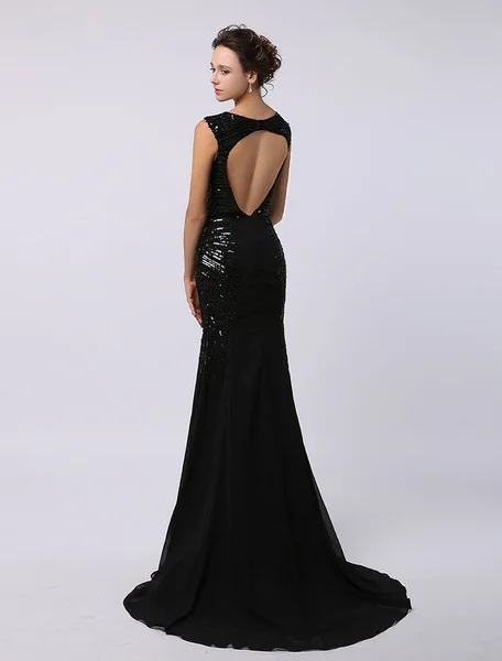 Black Sequined Dress with Look Through Bodice Keyhole Back and subtle Train mermaid Evening Dress 2020