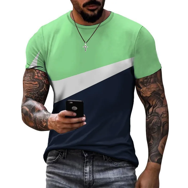 

Summer new men's Shirt Casual Sports T-shirt 3D printed stripe Stitching Super Plus-size O Collar Men's casual shirt shirt