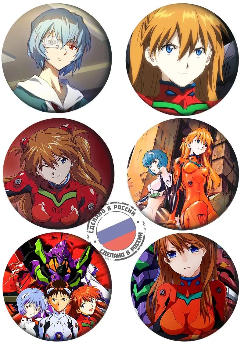 Значки набор 37 и 56 мм на рюкзак аниме Евангелион Аска Лэнгли Сорью Рей Аянами