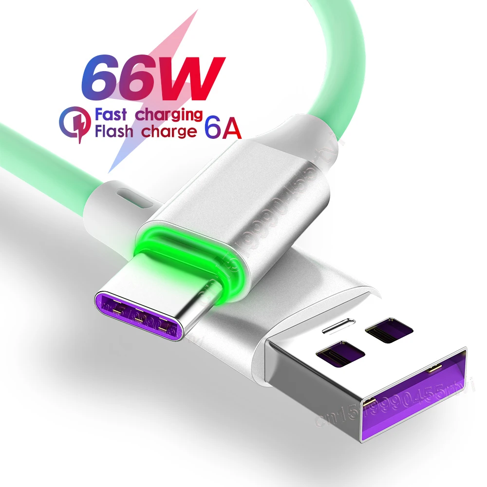 

6A Liquid Silicone Fast Charging Data Cable 66W with LED Light For Huawei Xiaomi Samsung Mobile Phone Charging Cable 1m/2m