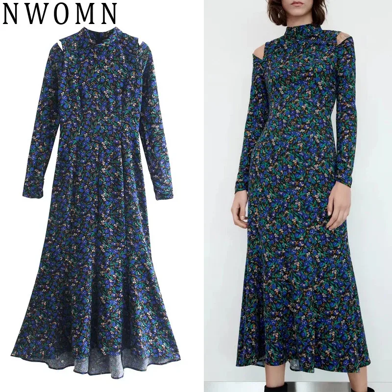 

NWOMN Za 2021 Blue Floral Dress Woman Shoulder Cut Out Long Dress Women Vintage Elegant Dresses High Neck Ruffle Casual Dresses