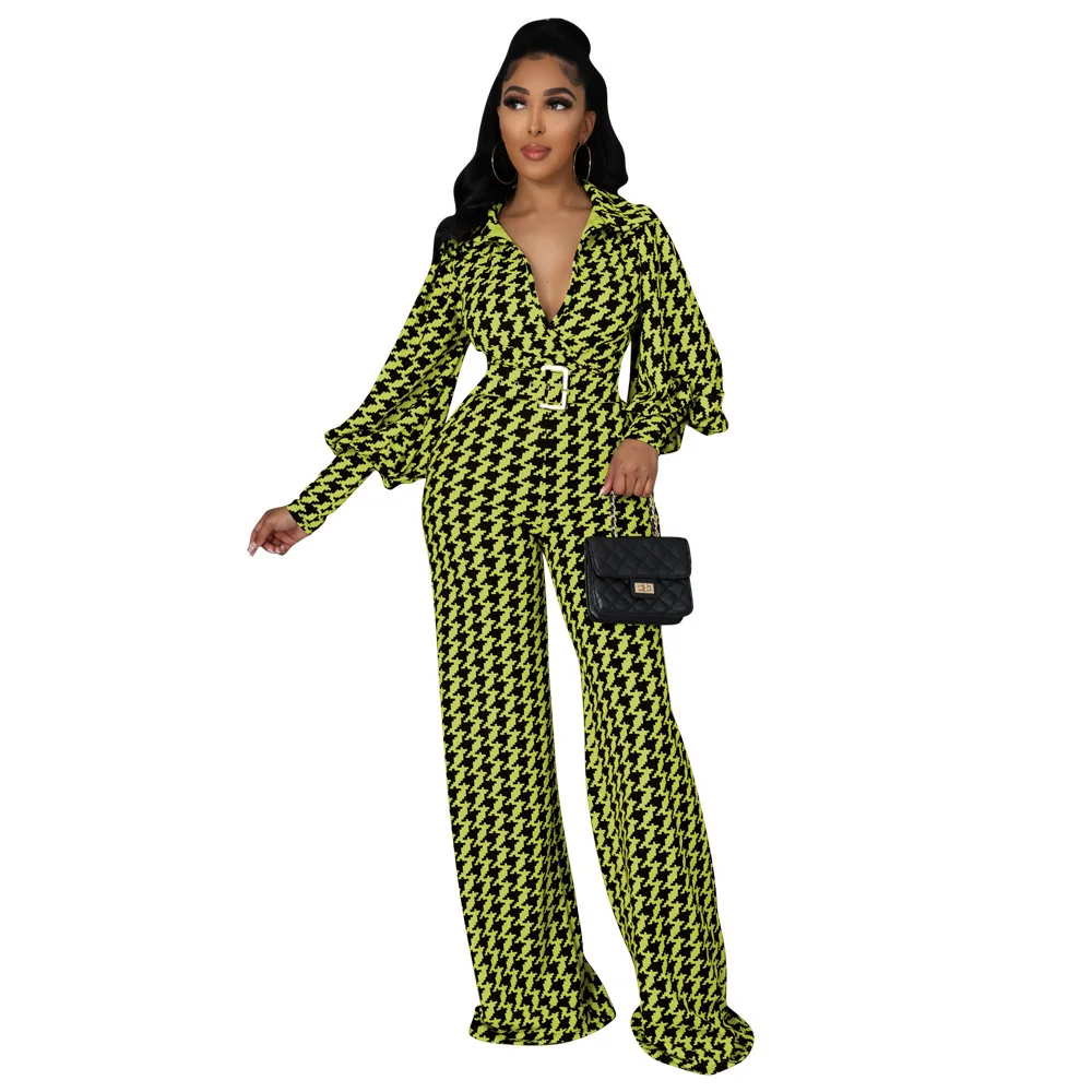 2022 Fashion Office Lady Houndstooth Print Lantern Sleeves Belt Wide Leg Jumpsuit for Women