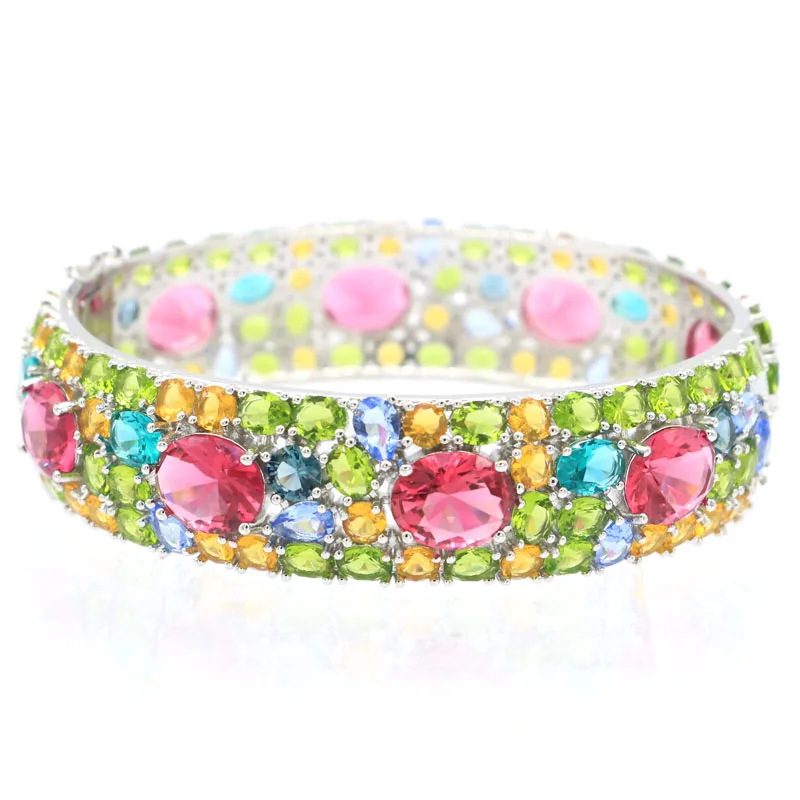 

72x15mm Multi Color Big Created Garnet Aquamarine Peridot Citrine Tanzanite 925 Sterling Silver Bangle Bracelet Length 7.5inch