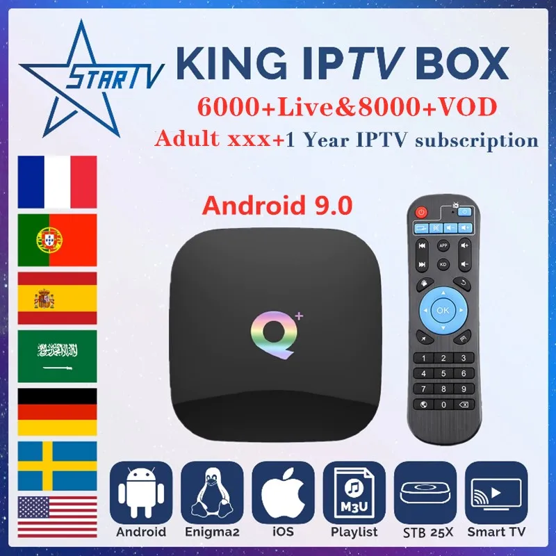 Q Plus Smart tv Box Android 9,0+ KING ip tv подписка 6000+ Live для IP tv Франция арабский Португалия Испания Европа IP tv m3u enigma2