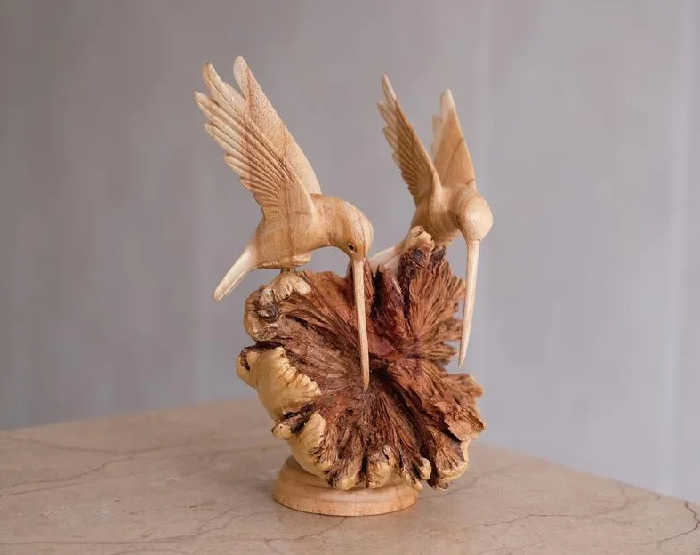 Hummingbird Couple Statue, Wooden Wood Carving, Sculpture, Feeding, Flower, Bird Figurine, Personalized, Wedding Gift,Tropical H