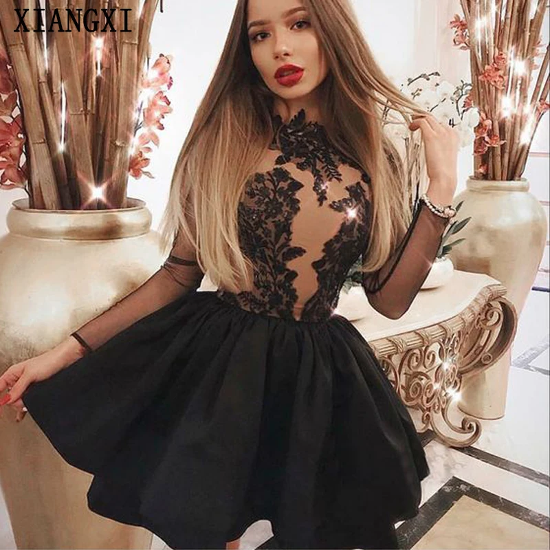 

Черные платья для встречи выпускников Vestido 2020, короткое Кружевное Вечернее мини-платье с высоким воротником и длинными рукавами, платье для ...