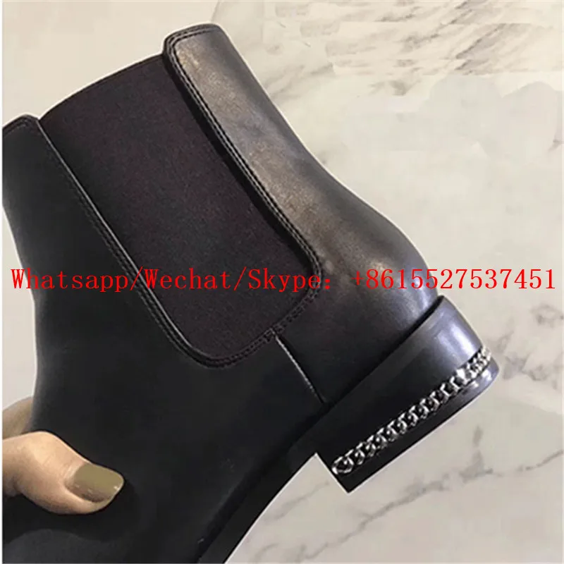 Черные кожаные ботинки челси женские дизайнерские с цепочками зимняя обувь 2019