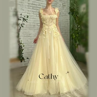 cathy yellow lace a line prom dress 3d flower embroidered straps tulle prom evening dress plus size custom vestidos de fiesta
