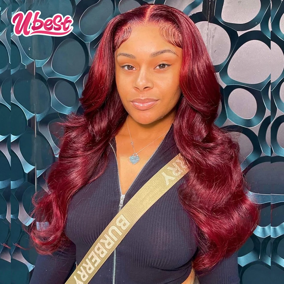 Dark Burgundy #99 Color 13x6 Lace Frontal Wig Malaysian Body Wave Pre-Plucked Transparent Lace Front Human Hair Wigs 180 Density