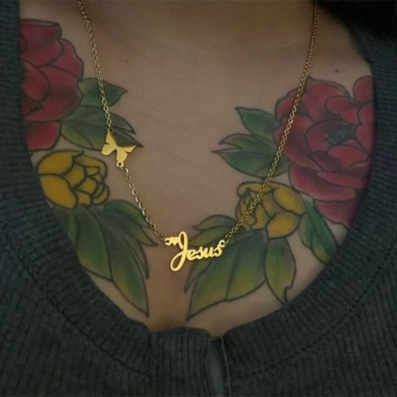 

Customized Stainless Steel Frosted Name Necklace for Women Butterfly Personalized Letter Gold Choker Pendant Nameplate Gift