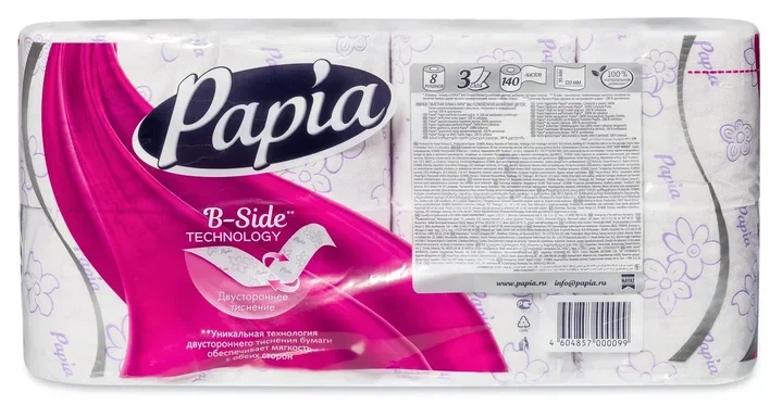 Туалетная бумага PAPIA Балийский Цветок 3 слоя 8 рулонов|Бумажные столовые салфетки|