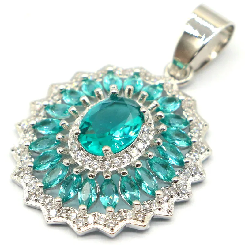 

33x22mm Delicate Fine Cut Created Blue Aquamarine Bright Zircon Ladies Daily Wear Silver Pendant