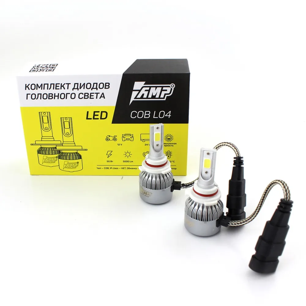 Светодиоды головного света AMP L04 цоколь HB3 6000K 2 шт./компл. COB чип [AMP B0000032462]|Передние