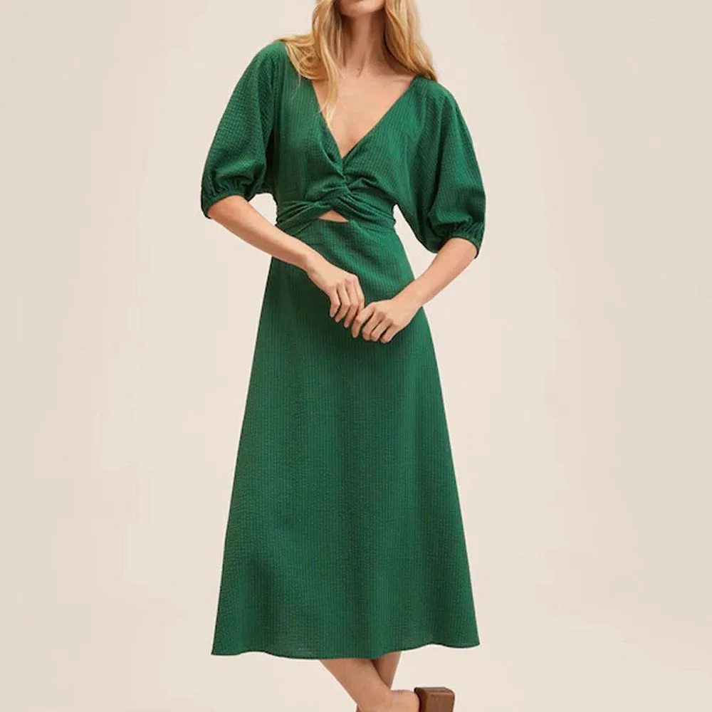 

BM ur HM Za new women's bow hollow out design bubble sleeve Green Medium Length Dress