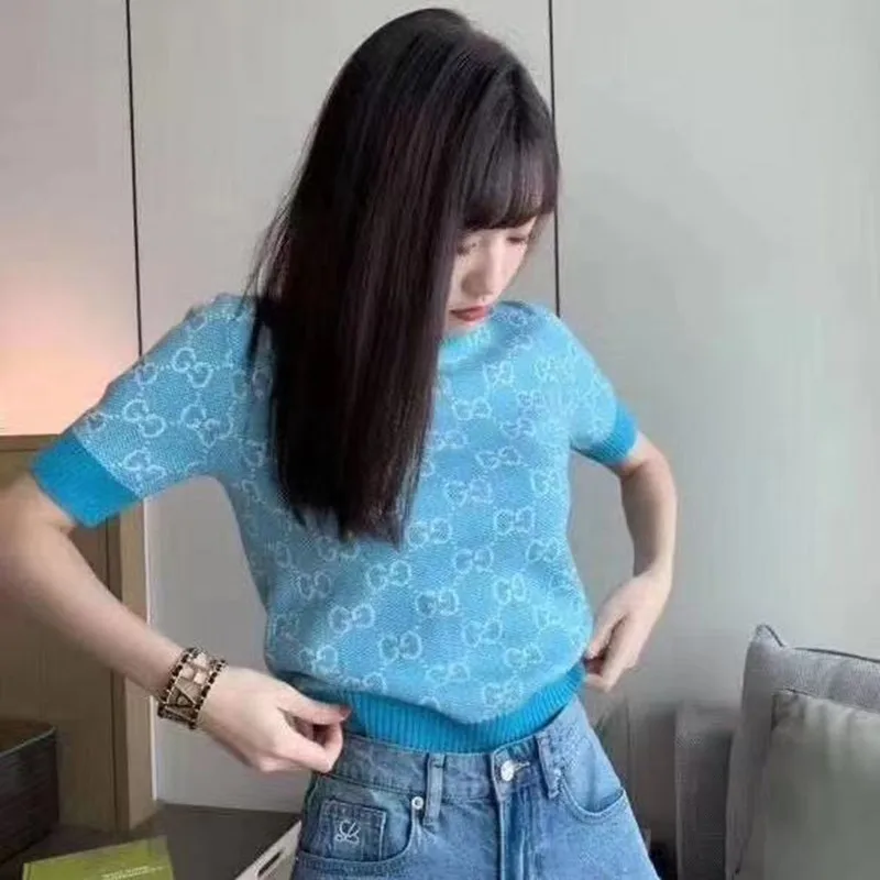 

2021 summer new knitted blouse short-sleeved women loose thin round collar retro ice silk t-shirt niche design