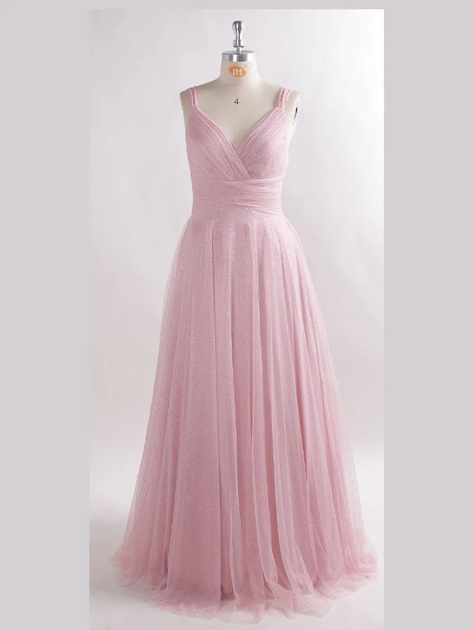 Sweet Bridesmaid Dresses Long Dress Plus Size A Line Straps V Neck Floor Length Sleeveless Tulle Sparkle For special Occasion | Свадьбы и