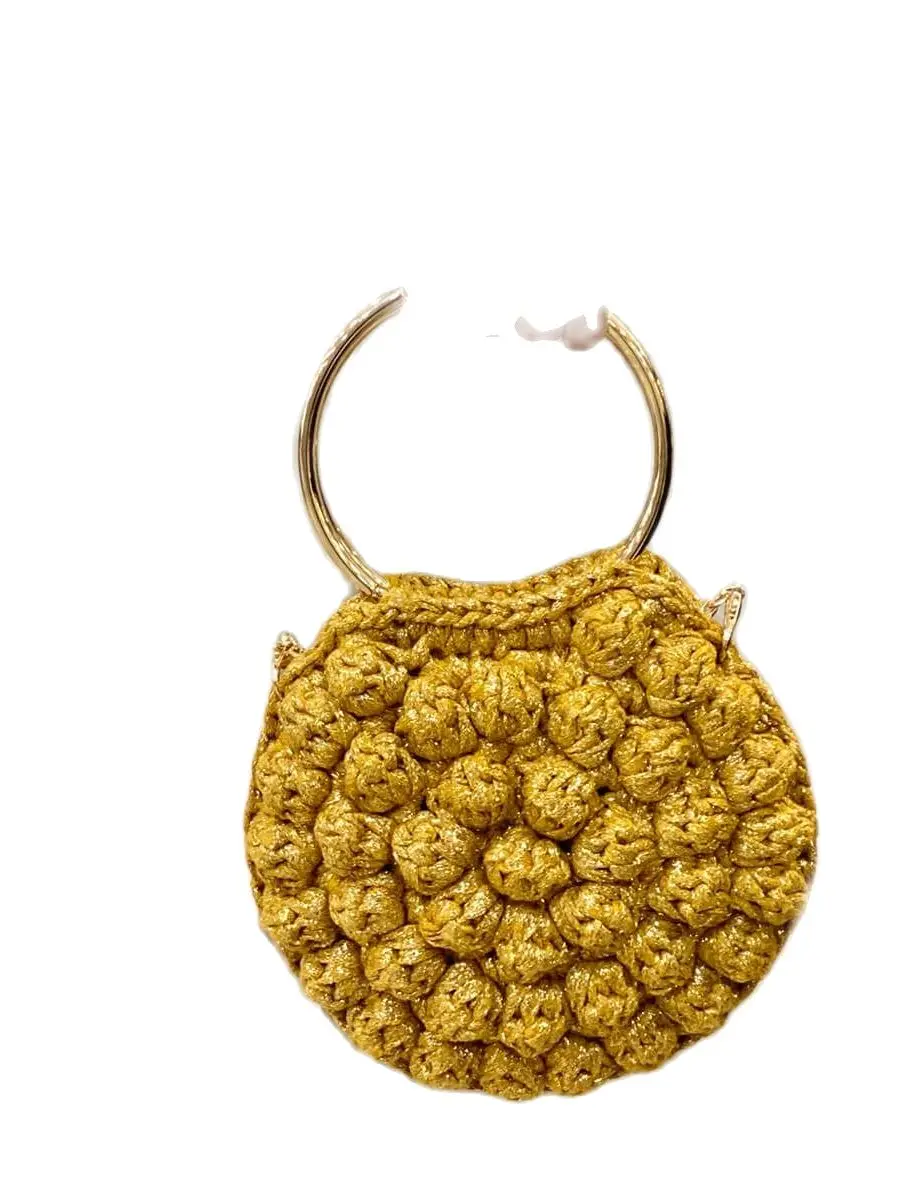

New Fashion Trend Custom Cut Wood Accessorized Straw Macarons Chain Straps Mesh Round Model Tan Color Lady Handbag