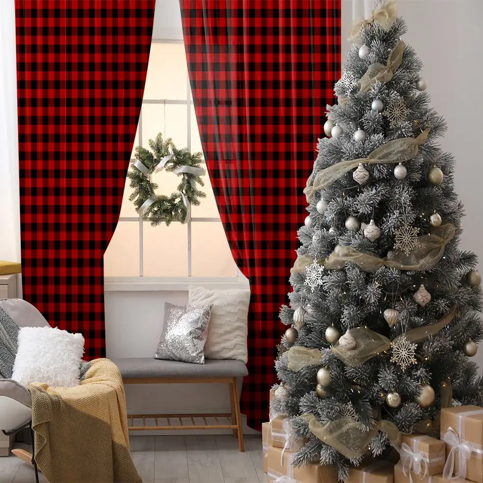 

Curtain Check Pattern Traditional Fabric Design Vintage Country Style Decorating Printed Red Black