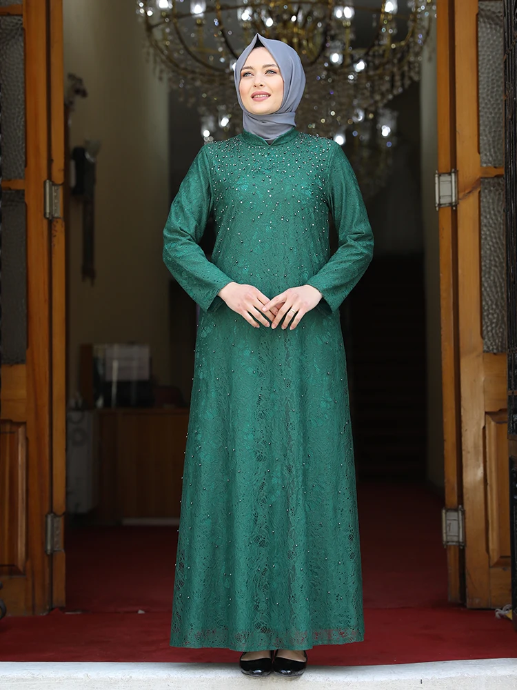 

Plus Size Women Evening Dresses With French Lace Beading Embroidered Lining High Quality Muslim Islamic Clothing Made in Turkey
