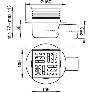 Душевой трап AlcaPlast 105х105/50 подводка боковая нержавеющая сталь гидрозатвор мокрый