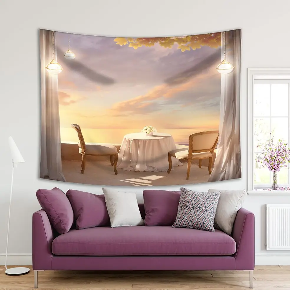 

Tapestry Romantic Breakfast Dawn Sea View on Sunrise Balcony with Table and Chairs Beige Yellow Scenery Print