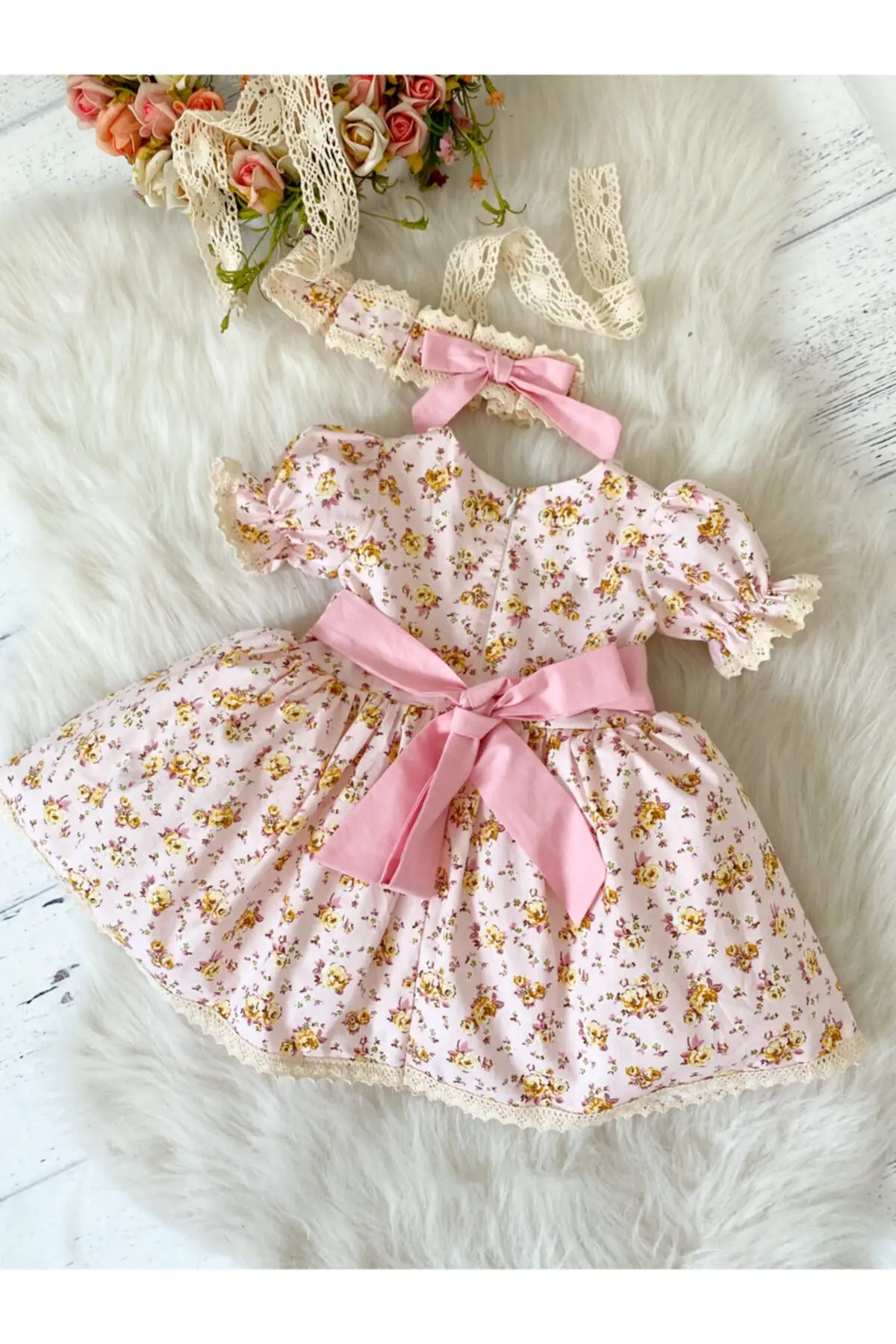 

Flaneur Baby Girl Short Sleeve Floral Pink Vintage Dress For Summer 2021 Special Occasion Premium Quality Cotton Lining