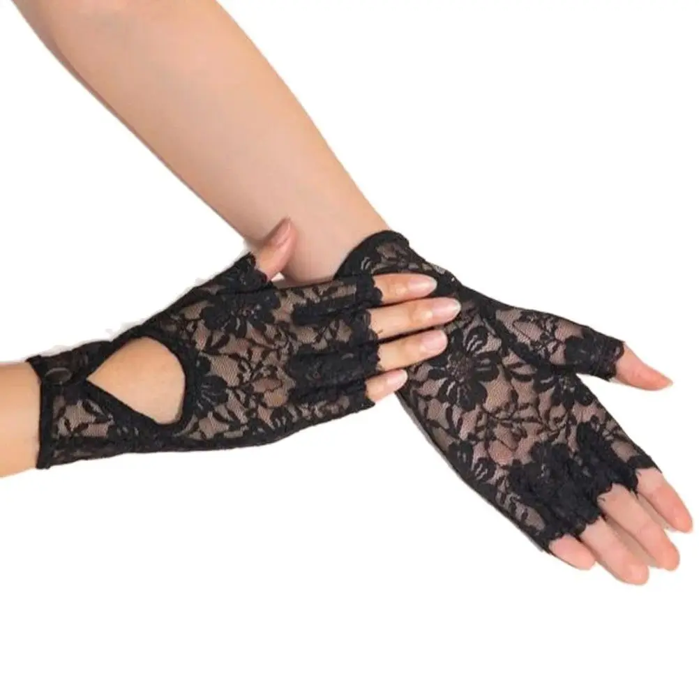 

Unique Button Design Lolita Ladies Sexy Black Lace Women Gloves Short Stretch Summer Half Finger Dance Female Gloves Mittens