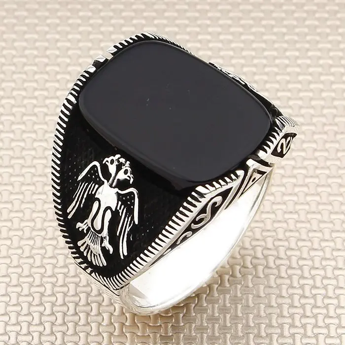 

Vintage Oxidized Rectangle Black Onyx Stone Men Silver Ring With Seljuk Eagle Motif Made in Turkey Solid 925 Sterling Silver