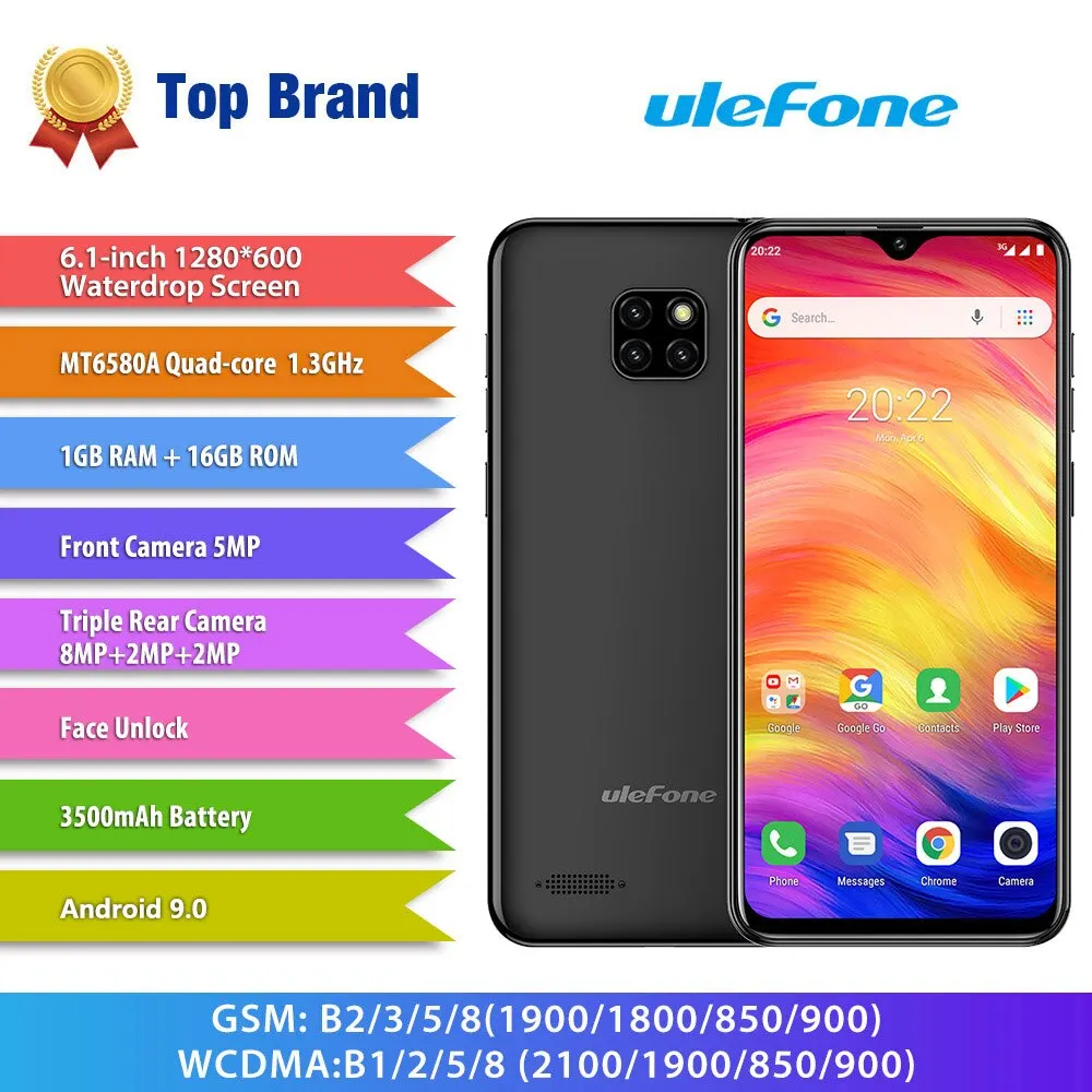Ulefone Note 7, 6,1 дюймов, 19:9, 16 Гб ПЗУ, тройная задняя камера, Android 9,0, четыре ядра, 3500 мАч, две sim-карты, разблокированный смартфон