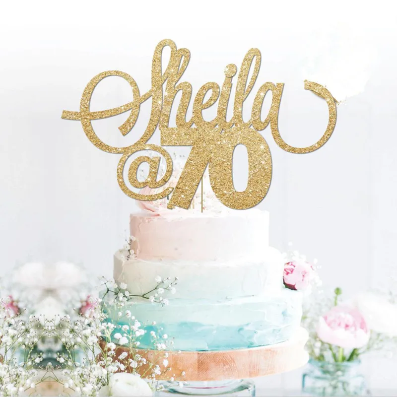 

personalised Sheila 70 birthday Gold glitter cake topper custom 21, 30, 40, 50, 60, 70, 80 ,any name age milestones birthday